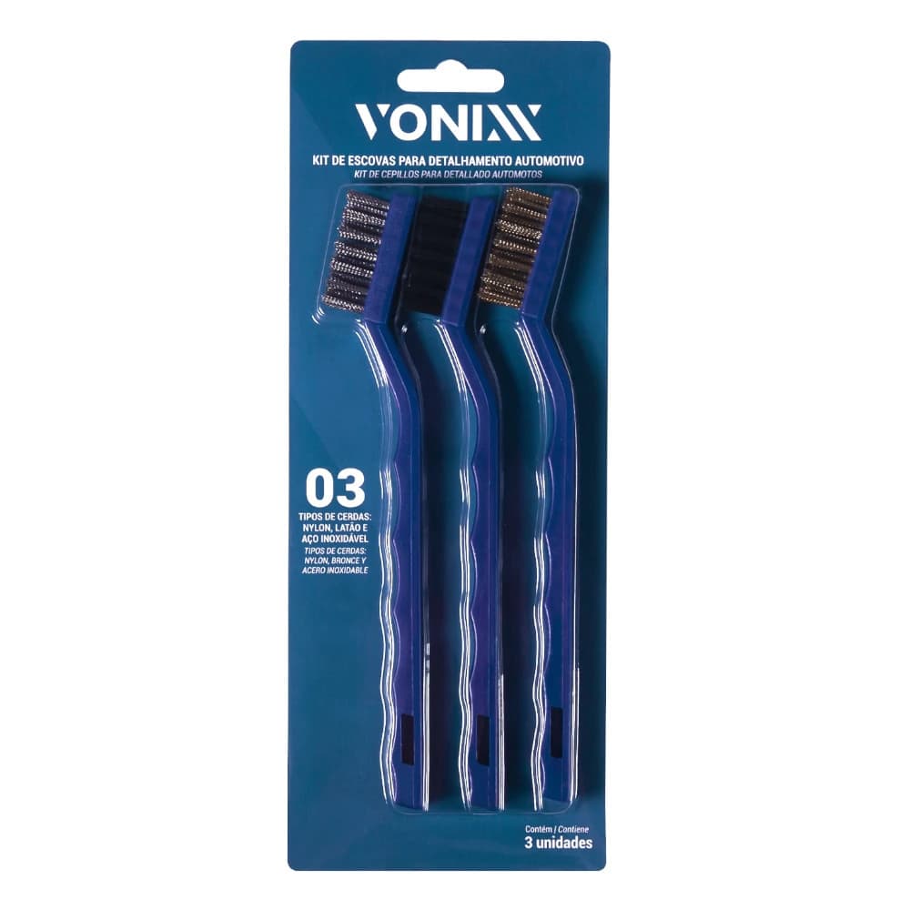 Kit 3 Escovas para Detalhamento Automotivo Nylon Latão Aço Vonixx