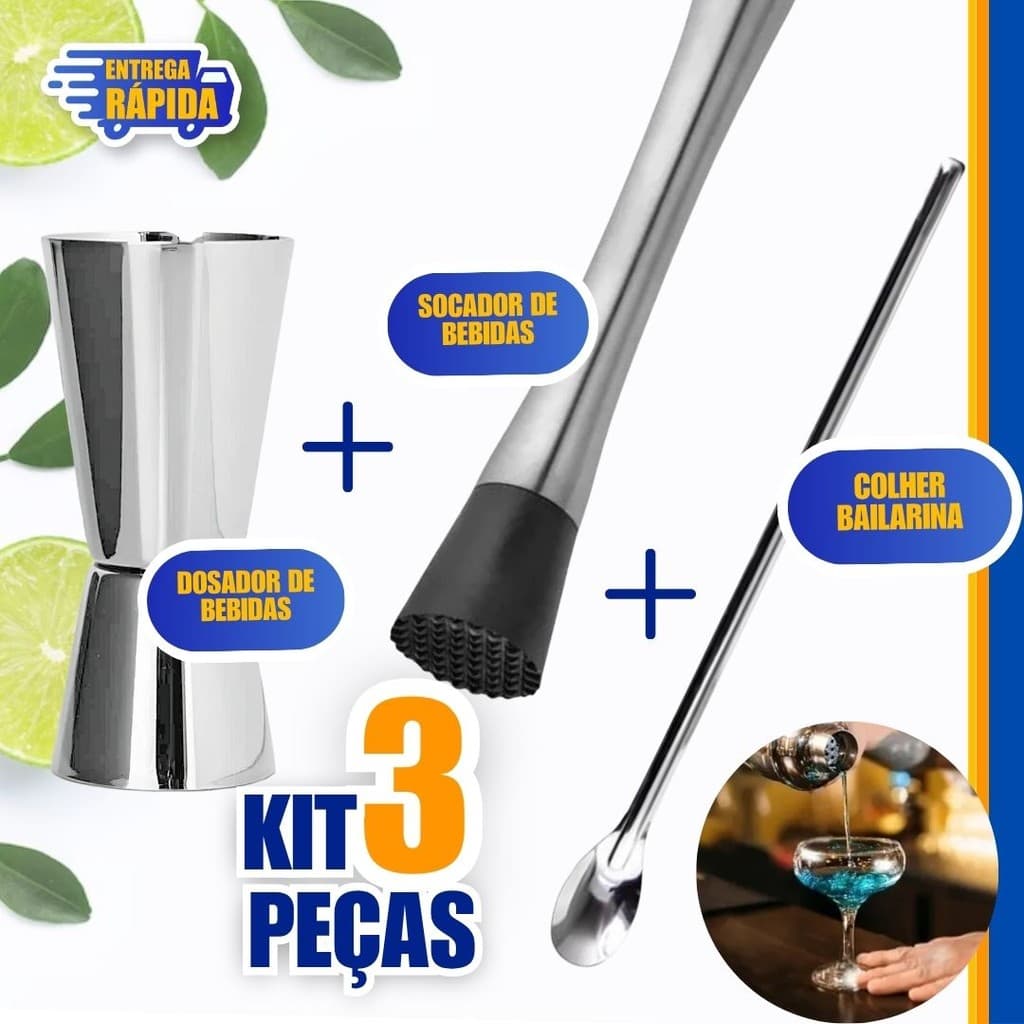 3 peças Socador, Dosador duplo 25 e 50 ml e Colher bailarina 30cm Inox Bartender Profissional