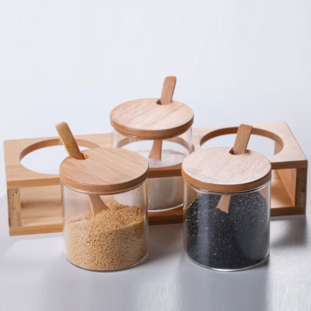 Porta Tempero Temperos Condimentos  Vidro com colher e Bambu Elegante 3 unidades