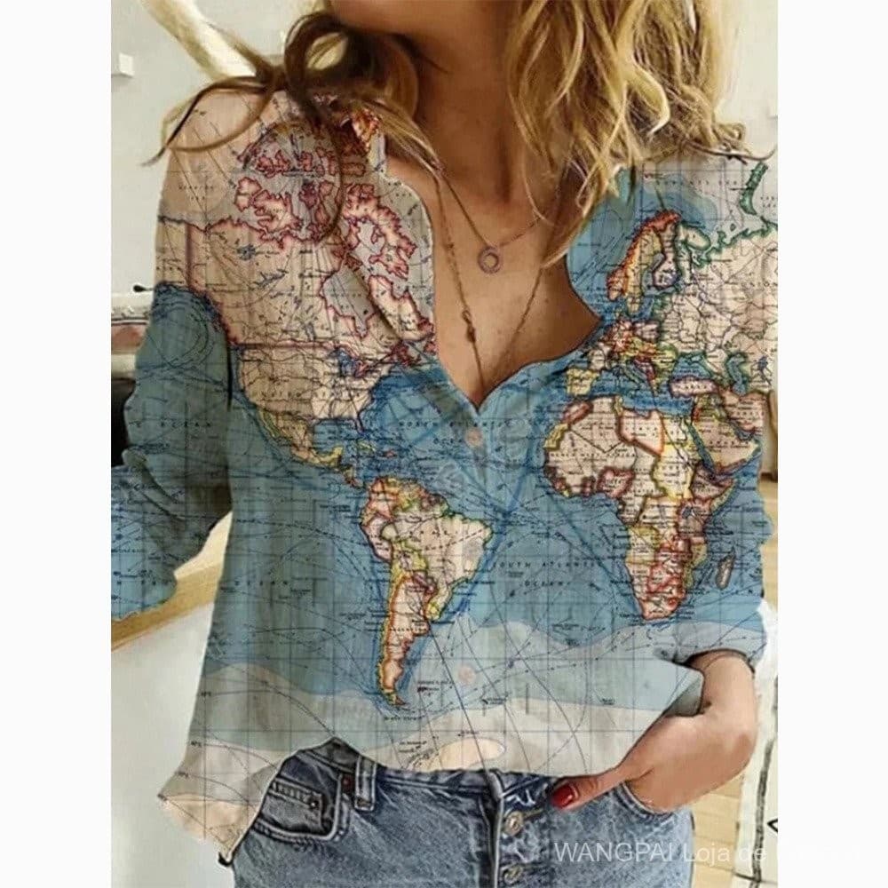 Camisa com estampa de mapa de lapela de manga comprida feminina