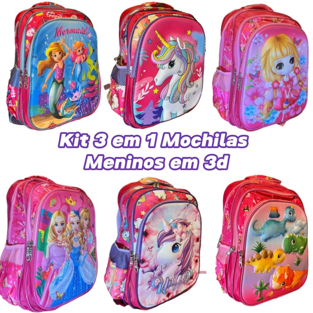Kit 3 em 1 Mochila Escolar Infantil 3D Lancheira Térmica e Estojo Envio Rápido