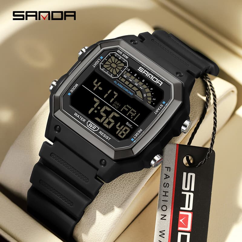 SANDA 6196 Eletrônico Night Glow Relógio À Prova D'água Esportes Masculino Leve Quadrado Clássico Moda Eletrônica