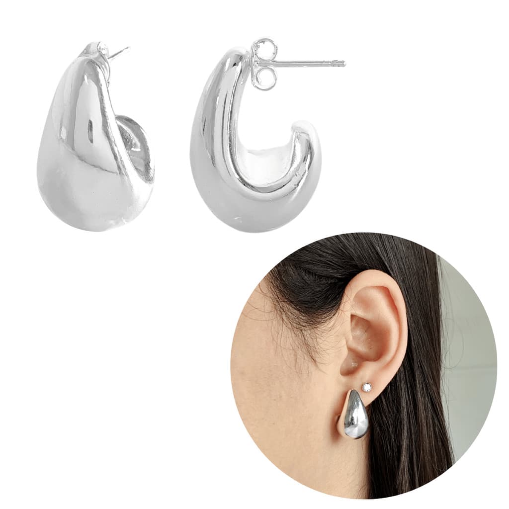 Brinco Gota Prata 925 Curvada Pequena Banhada abaloado moda