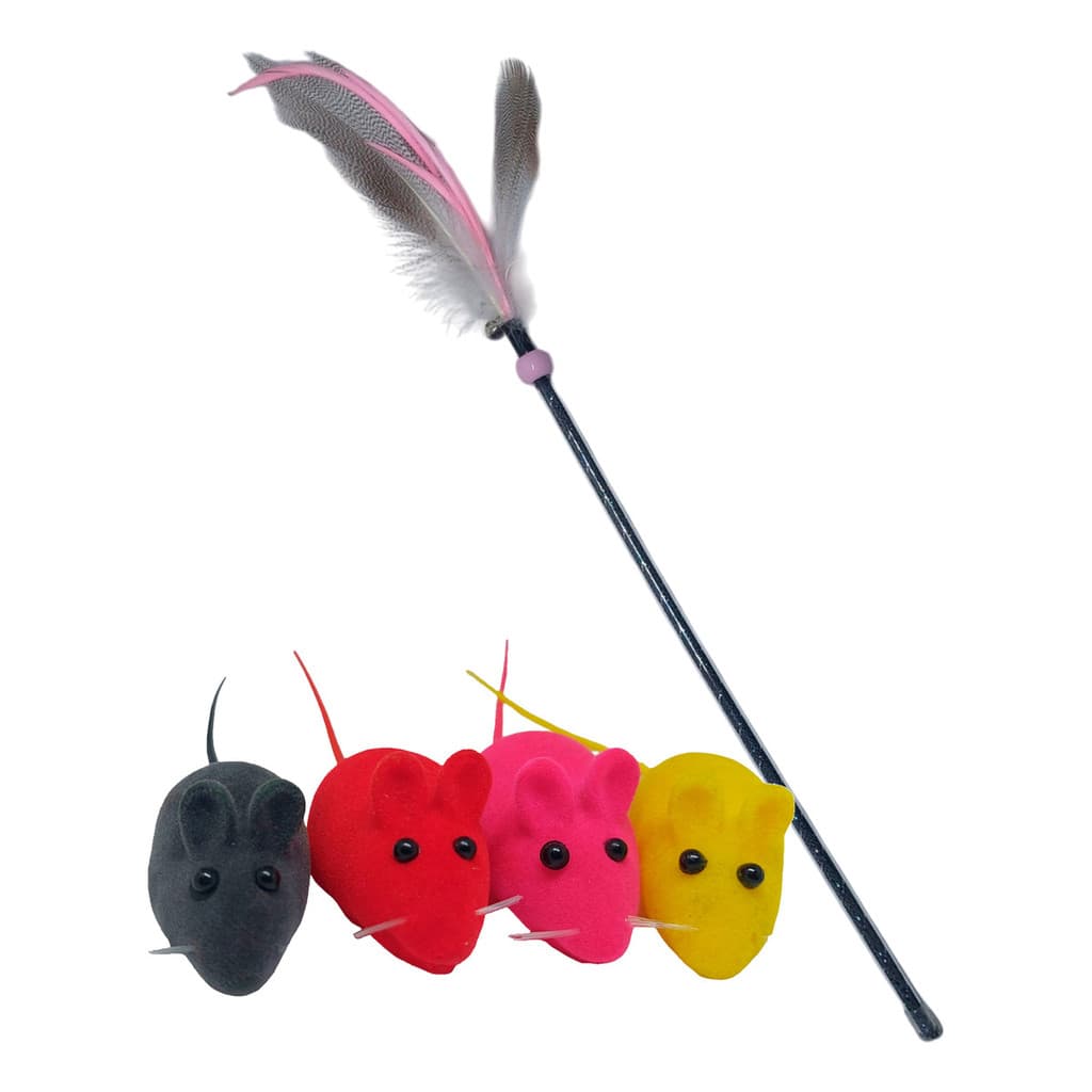 Brinquedos P/ Gatos Varinha Para Gato com 4 Ratinhos Coloridos Apito