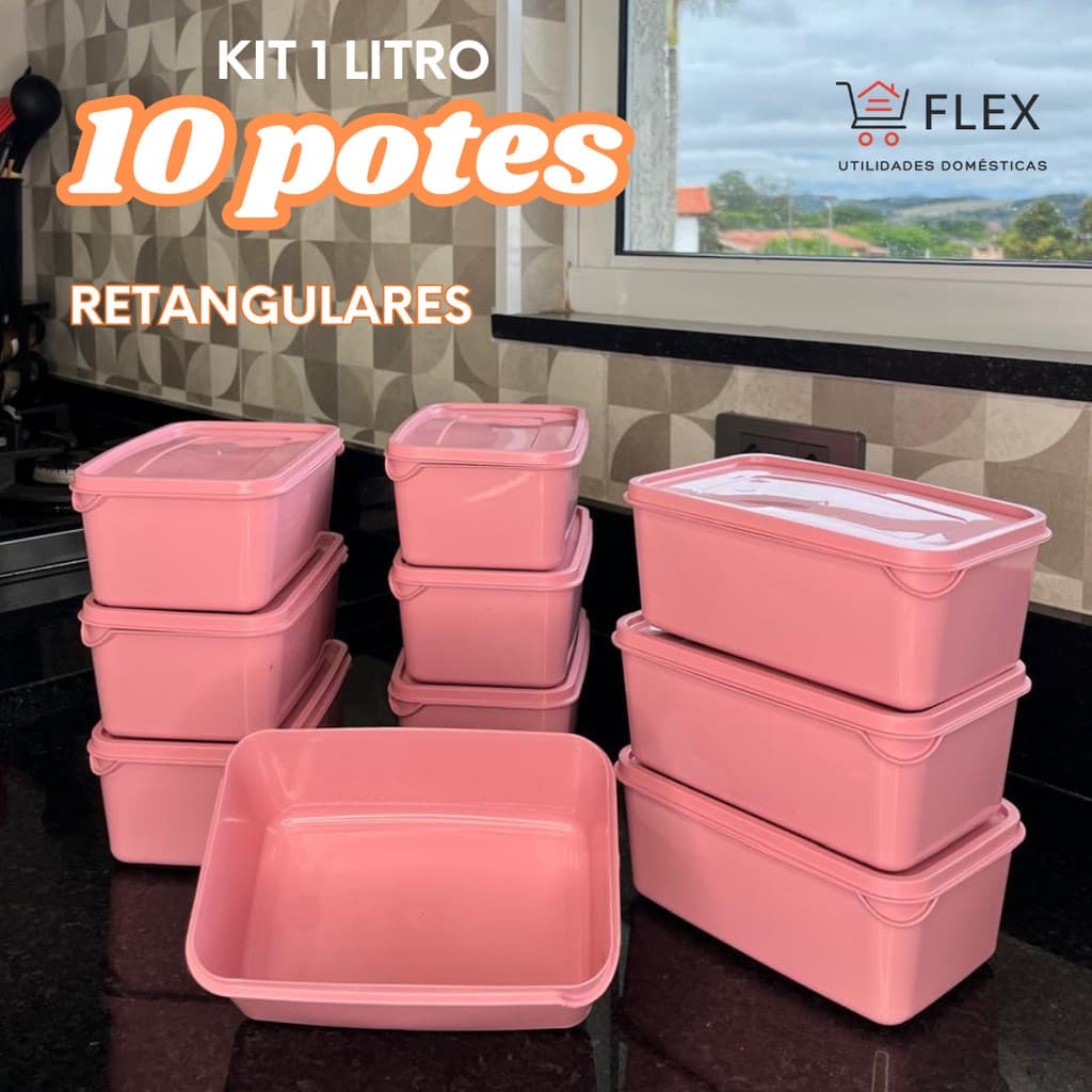 Kit Potes Plásticos 10 unidades de Vasilhas - 1 LITRO - Retangular Marmita Freezer e Micro-ondas