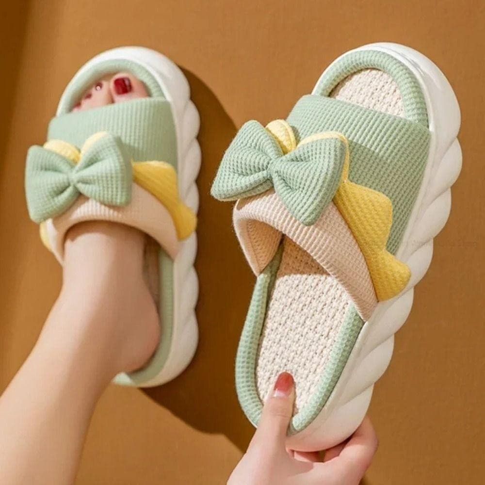Chinelos De Linho PEONYQ , Internos Femininos De Algodão Com Laço , Lindo Chinelo Plano Antiderrapante Fundo Grosso
