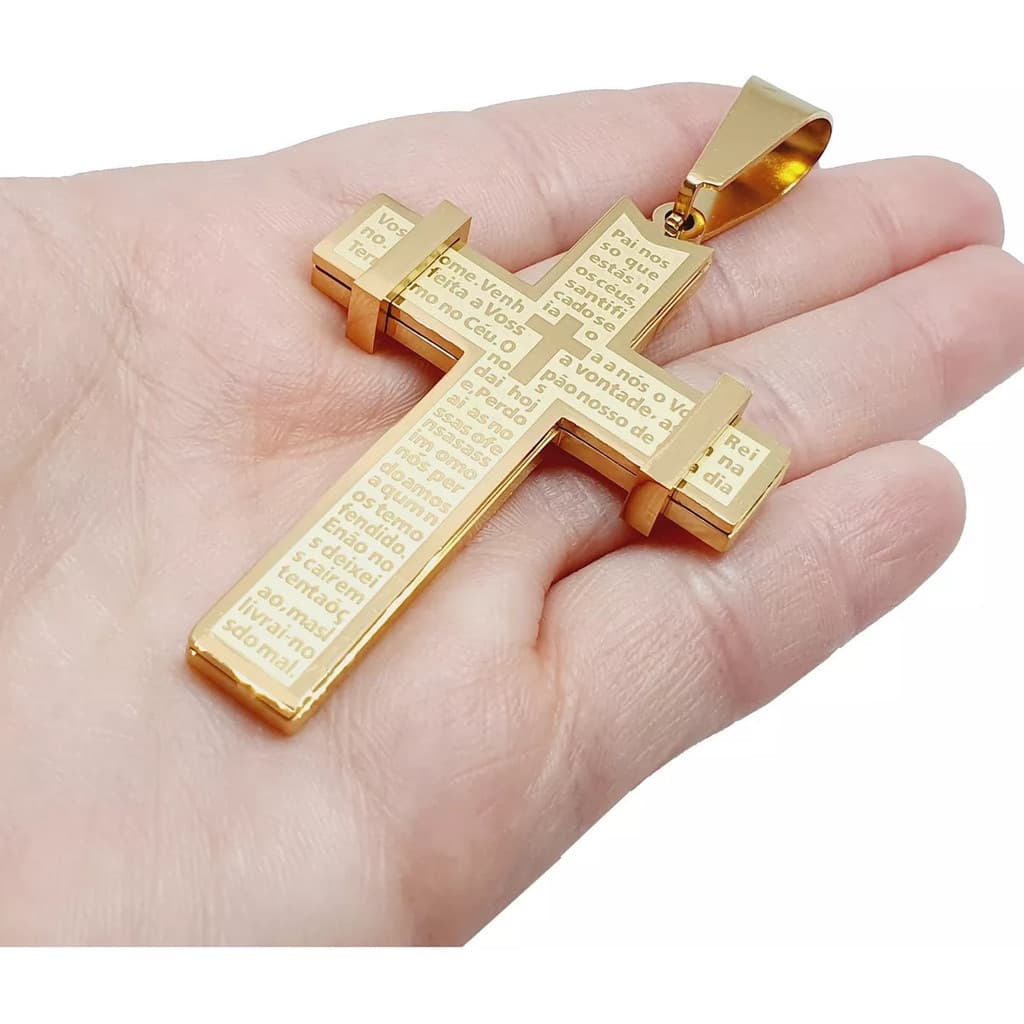 Pingente Crucifixo Cruz Oração Pai Nosso Folheado Aço Inox