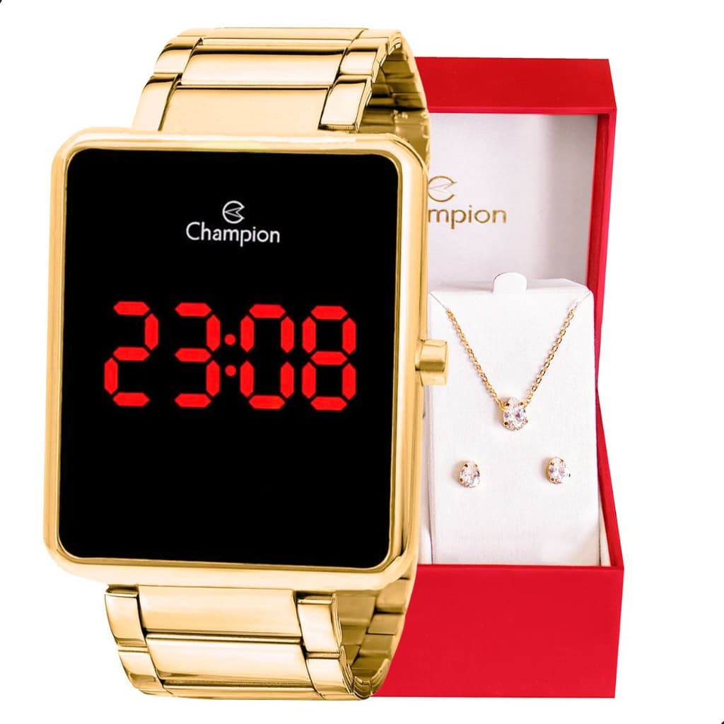 Relógio Feminino Champion Digital Dourado Colar e Brincos CH40086V Relógio Feminino Dourado
