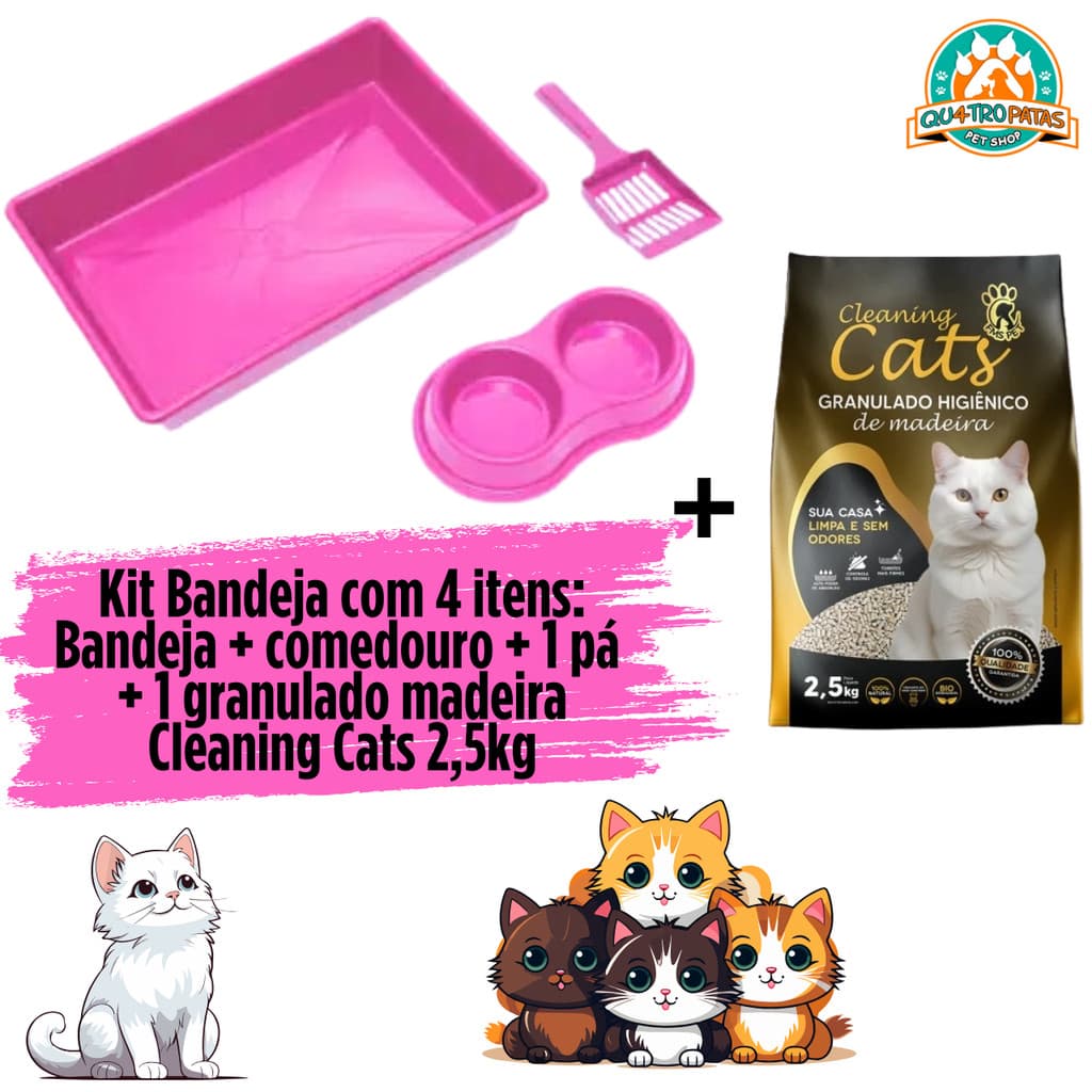 Kit Granulado madeira 2,5kg Cleaning + Kit bandeja com comedouro e pá Four Plast