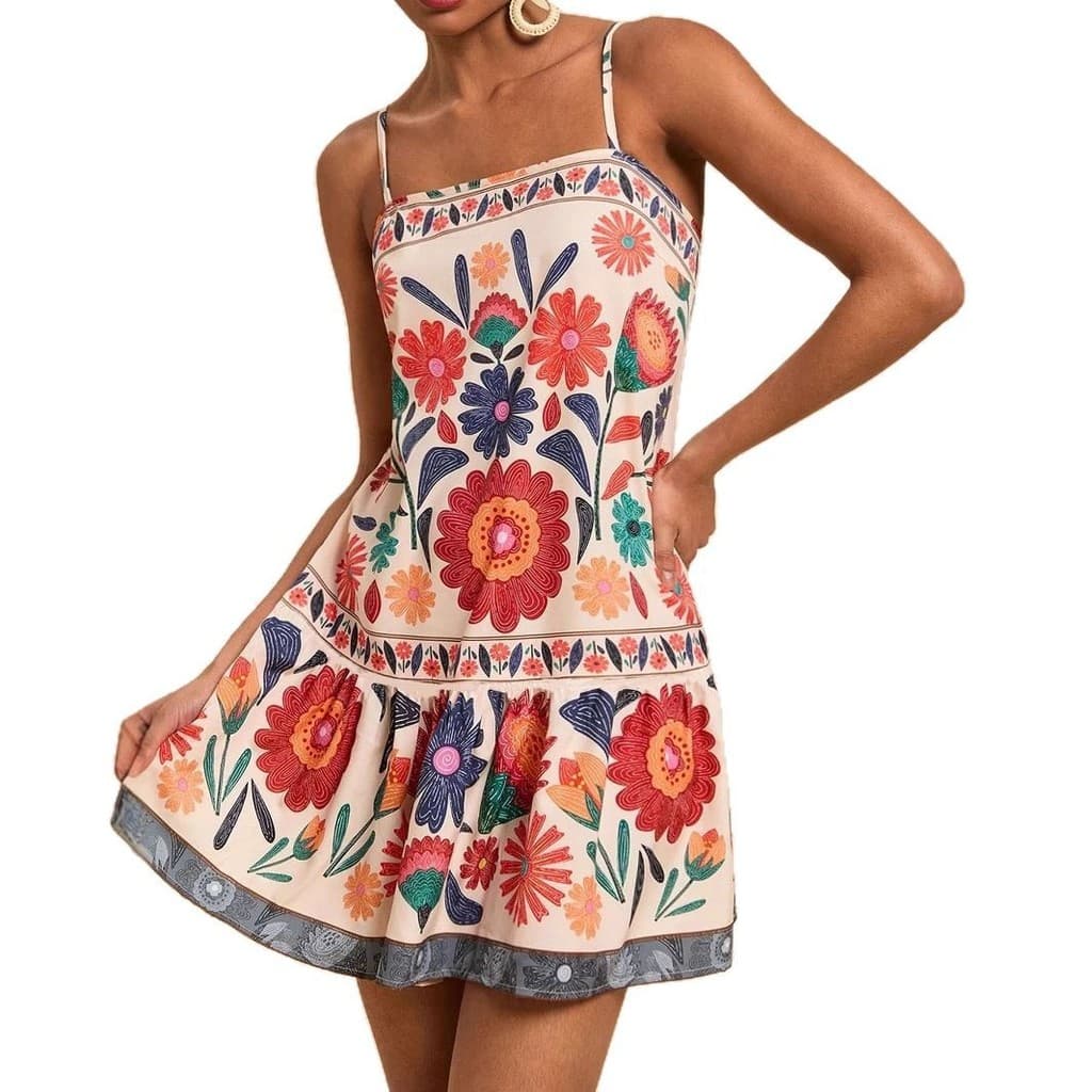 Vestido feminino de primavera e verão, vestido casual de moda, cintura alta estampado cintura