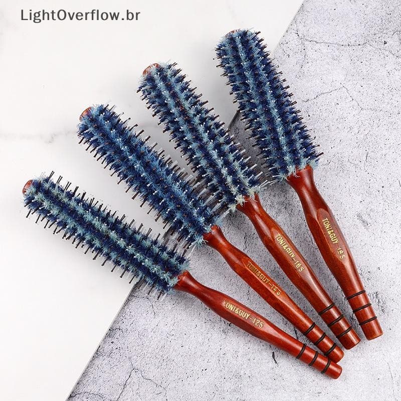 [LightOverflow] Cabo De Madeira Cerdas De Nylon Escova Redonda Barbeiro Salão De Cabeleireiro De Cabelo Pente Redondo Fe