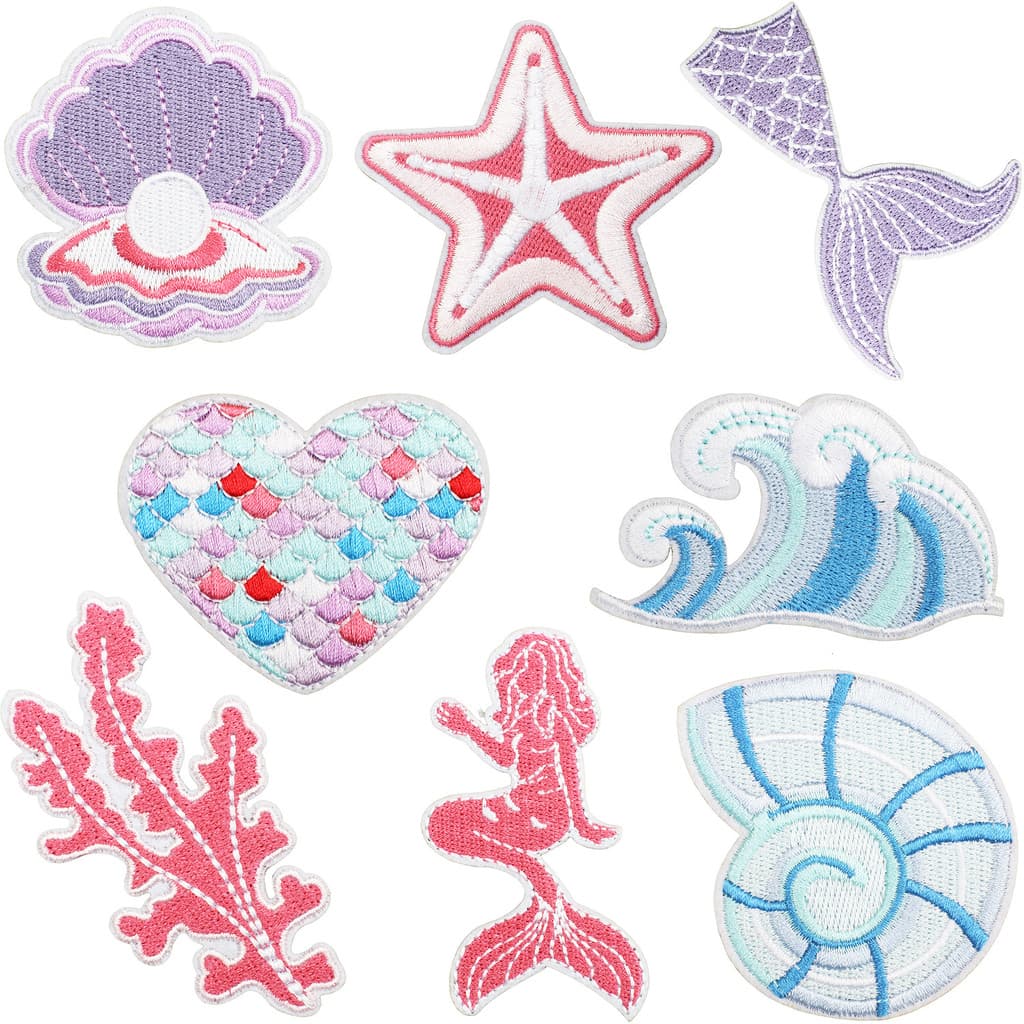 8 Peças De Remendos De Ferro De Pequena Sereia Lindos Desenhos Animados Concha Pérola Caudas De Costurar Em Apliques Bor