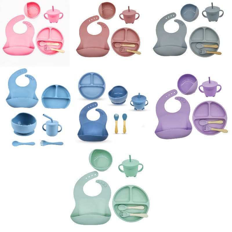 Kit Alimentação Infantil Silicone 6 Peças Prato Tigela Copo Talheres Babador