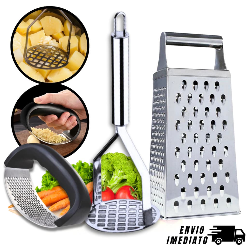 Kit Ralador Legumes 4 faces +Amassador de batata + Amassador Alho Multiuso Inox Casa Cozinha