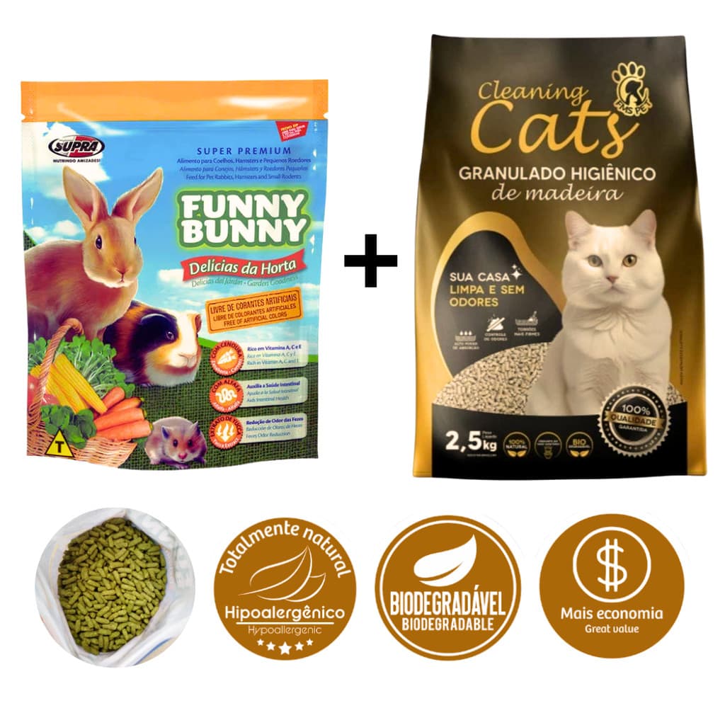 Kit 1 Ração Funny Bunny Delícias da Horta 500gr Supra + 1 Granulado Cleaning 2,5kg
