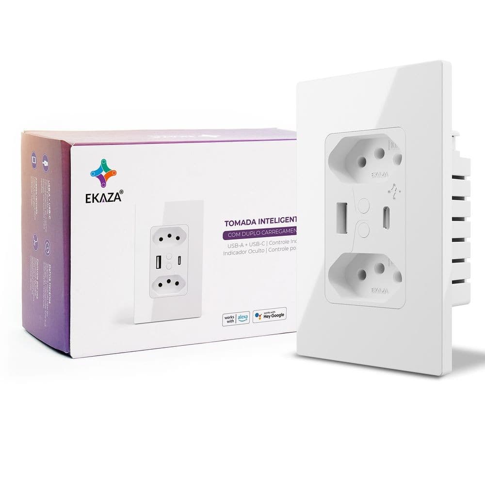 Tomada de Parede inteligente Dupla entrada USB - USB-C 10A 4x2 Wi-Fi BRANCO EKAZA-  EKAT-T317WB