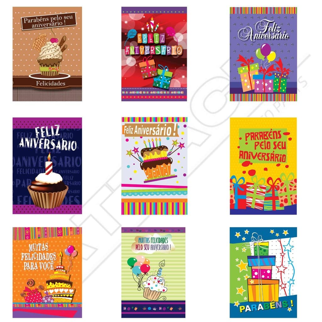 Kit c/ 54 Cartões Aniversário Frase Especial Estampa Divertidos