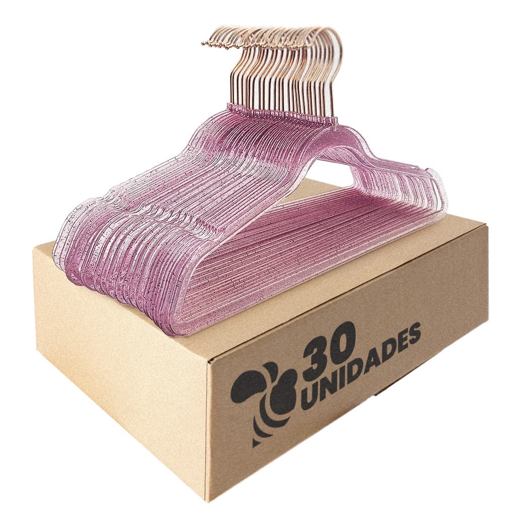 Kit 30 Cabides Acrílico Rosa com Glitter Rosa e Gancho Rose