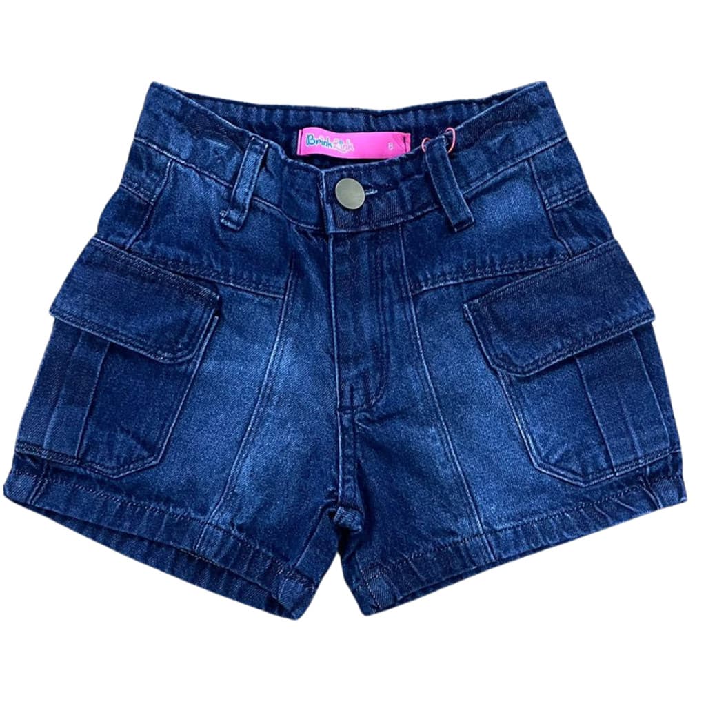 Shorts Jeans Meninas Feminino Cargo Elegante Estiloso Moda Casual Azul Médio