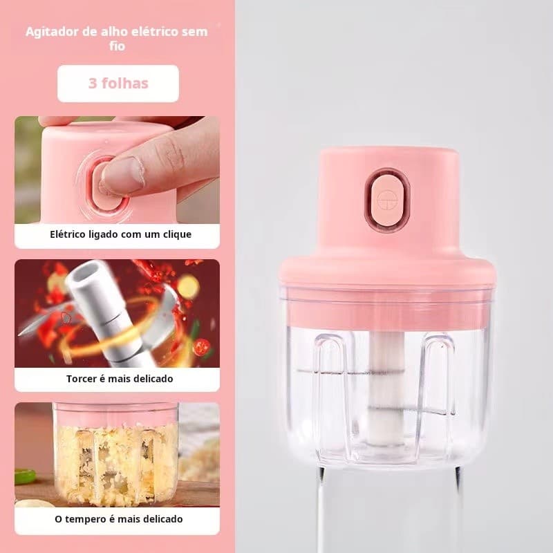 Mini Processador de Alimentos Elétrico ou Manual Moedor Triturador de Alho 250ml Recarregável USB