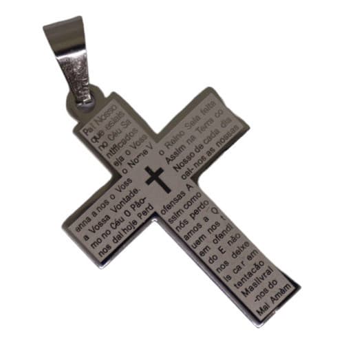 Pingente Crucifixo Cruz Oração Pai Nosso Aço Inox Prata