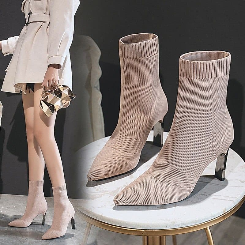 Botas Elásticas para Mulheres, Botas Meia de Outono e Inverno, Botas Tricotadas 2025, Botas de Bico Fino Plus Size, Novo