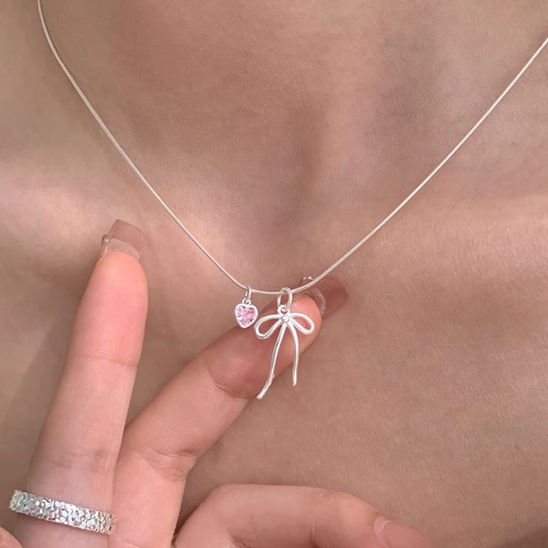 Colar Para Mulheres – Pingente De Arco De Coração Rosa Doce , Minimalista E Versátil , Gargantilha Elegante De Alta Qual