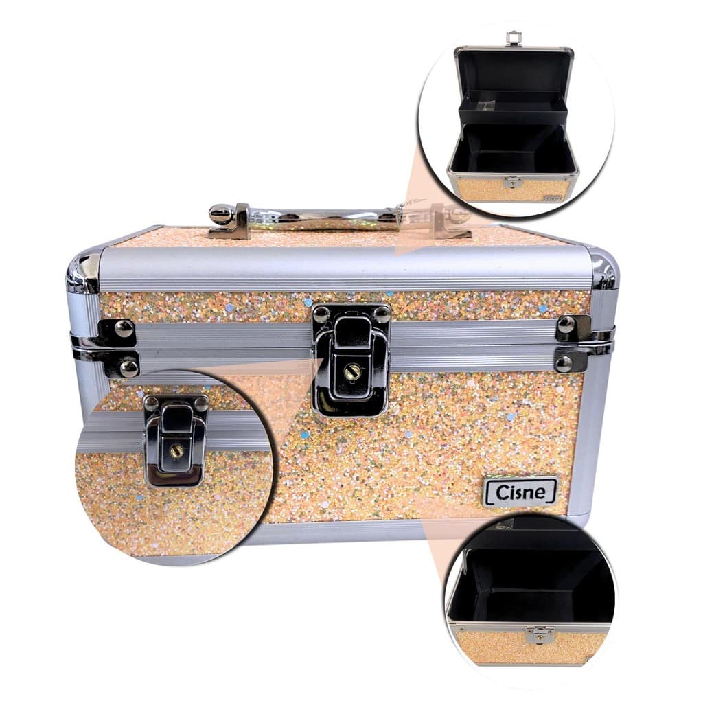 Maleta de Maquiagem Cisne Linha Shine Salmão Glitter e Prata Csn-5120B