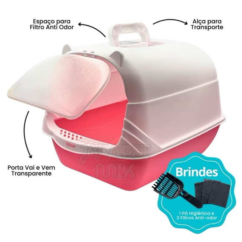 Caixa De Areia Para Gatos Fechada Porta Transparente Sanitário + Pá + 03 Filtros Anti Odor Promoção
