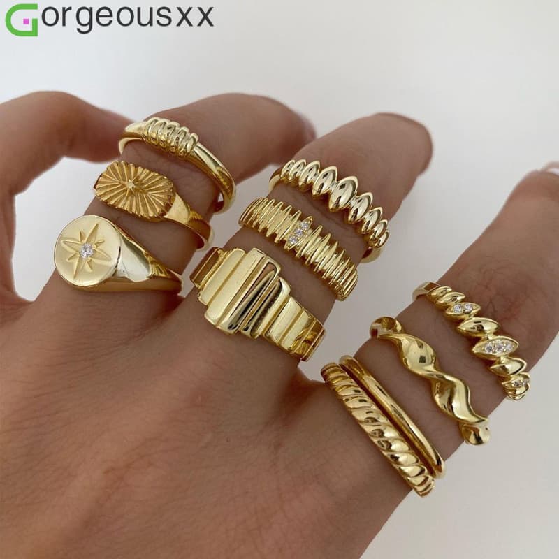 [Gorgeousxx] Conjunto De Ring Light Anel De Luz Estrela Vintage Para Mulheres , Anéis Geométricos Ondulados , Acessórios
