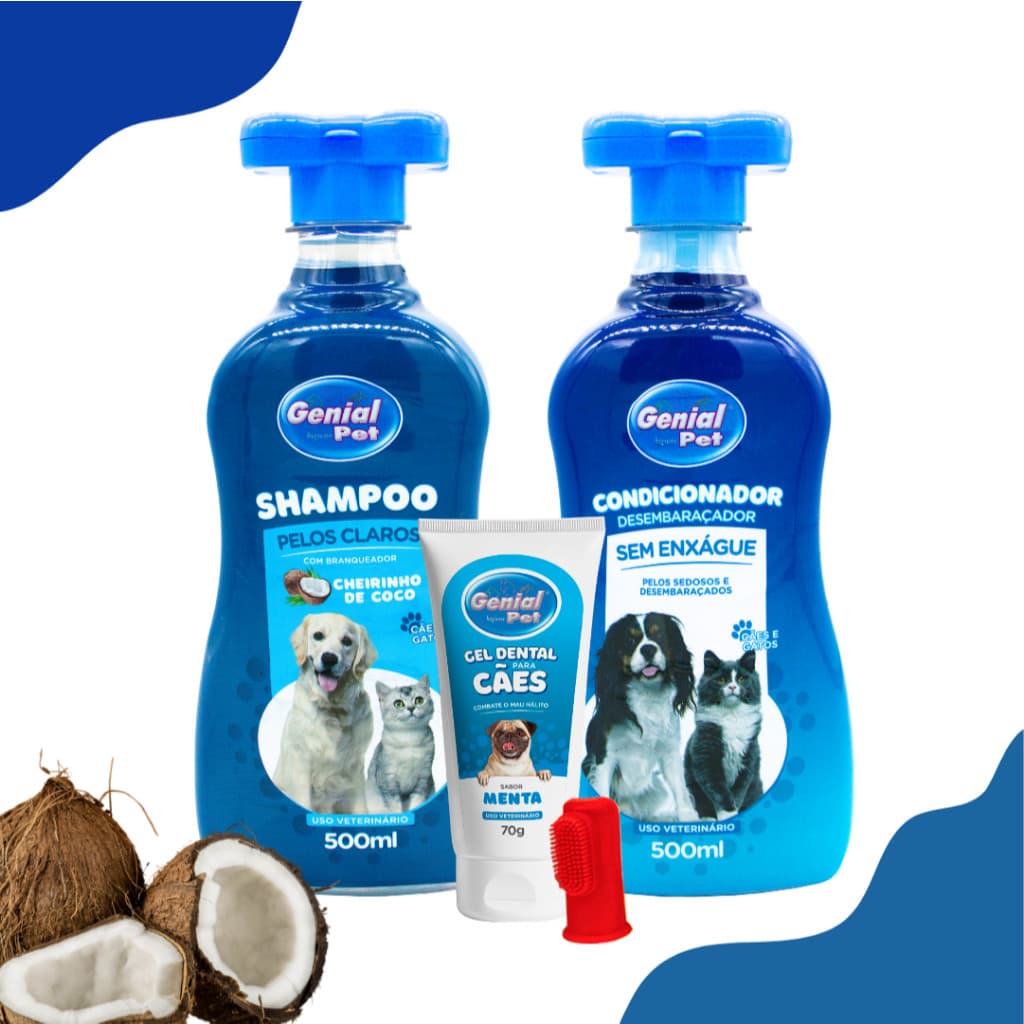 Shampoo e Condicionador Pet 500ml + Gel Dental de Coco - Cães e Gatos Genial Pet