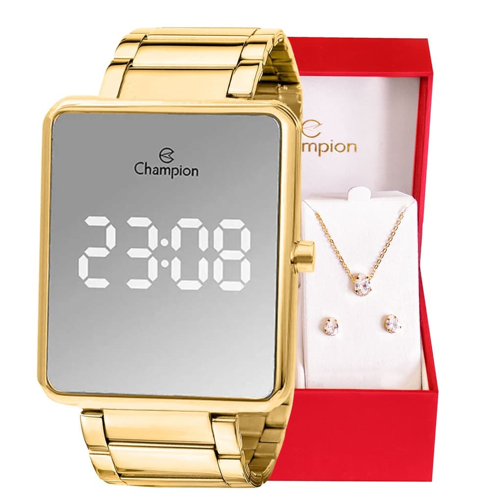 Relógio Feminino Digital Dourado Espelhado + Conjunto Colar e brincos  CH40086B Relógio Original