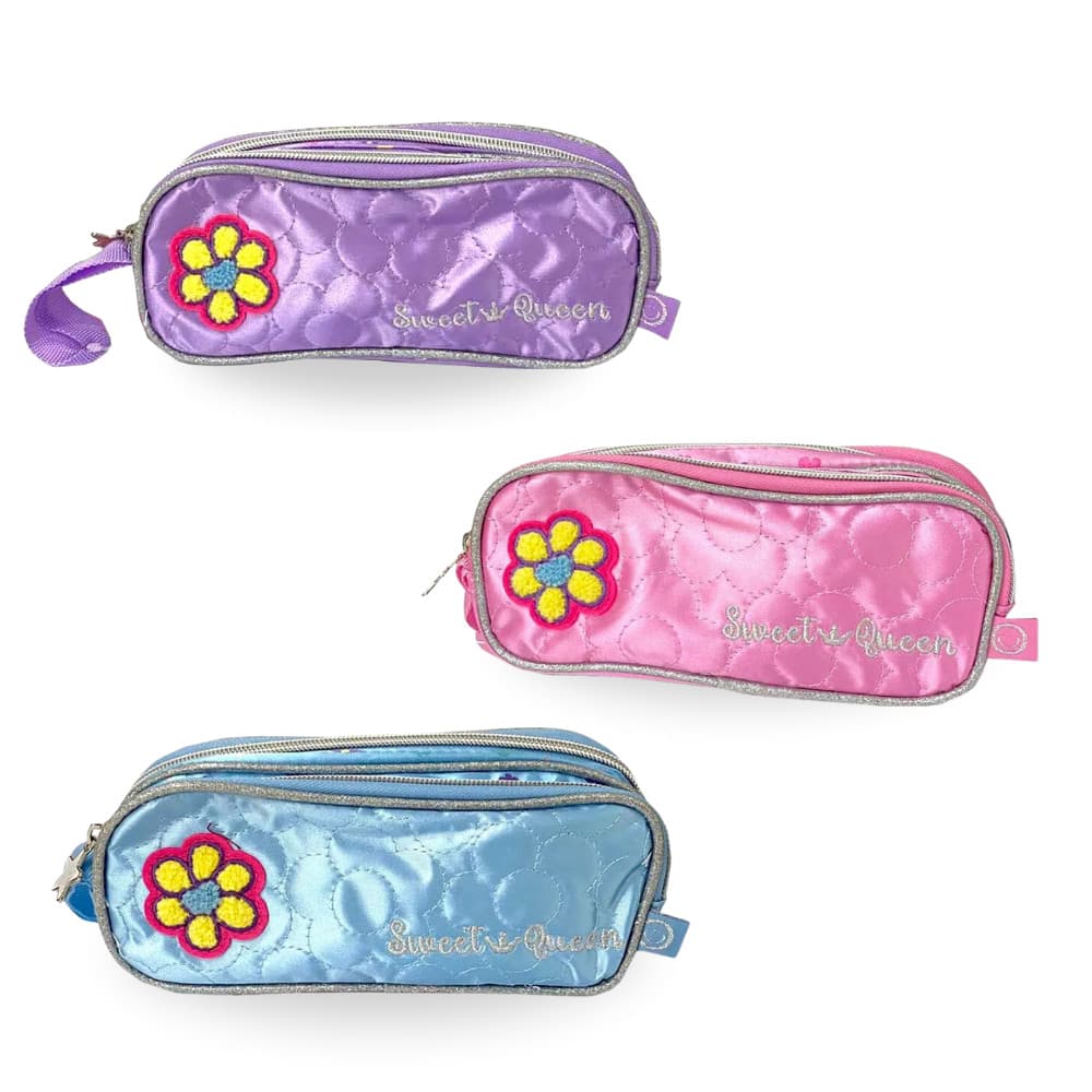 Estojo Penal Bolsinha Escolar Menina 2 Divisórias Rosa Roxo Azul Flor Sweet Queen Clio Lápis Caneta Escola Volta Aulas