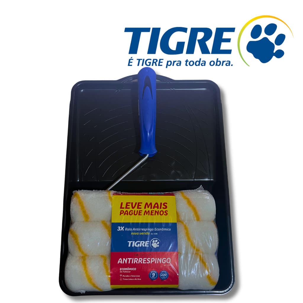 Rolo de Pintura Antigota 3UN + Suporte p/Rolo Antirespingo +Bandeja 23cm Tigre Kit de Pintura Parede
