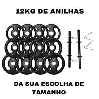 Kit com Barras de Halteres 40cm + Presilhas e Anilhas de Ferro Fundido - 12 kg