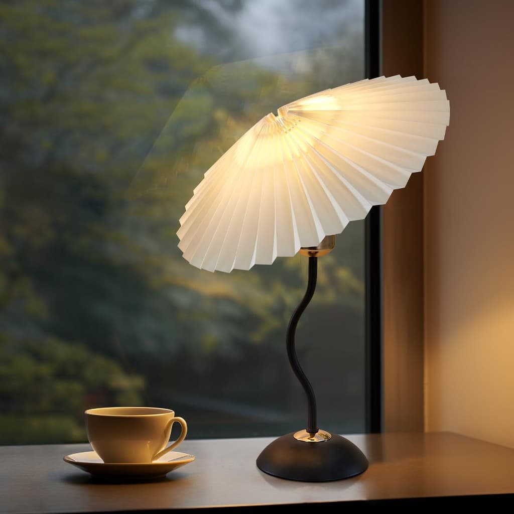 Candeeiro De Mesa De Cabeceira Art Deco Para Quarto , Lindo Abajur Pequeno Plissado , Vintage Com Guarda-Chuva , Lâmpada