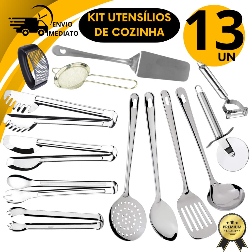 Conjunto 13 Itens Cozinha Inox Completo Concha Espátula Escumadeira Colher Pegador Descascador Peneira Cortador Pizza