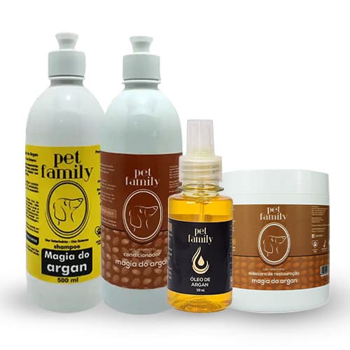 Kit Banho Pet Desembaraçador de Pelos Longos Com Shampoo Condicionador Máscara e Oléo de Argan Pet Family