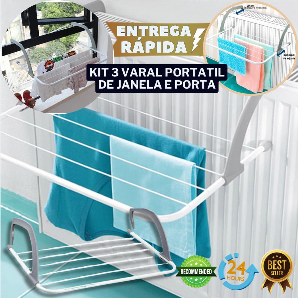 Kit 3 Varal Portátil Para Apartamento Secador Roupas Prático Retrátil Janela Parede Porta Retrátil