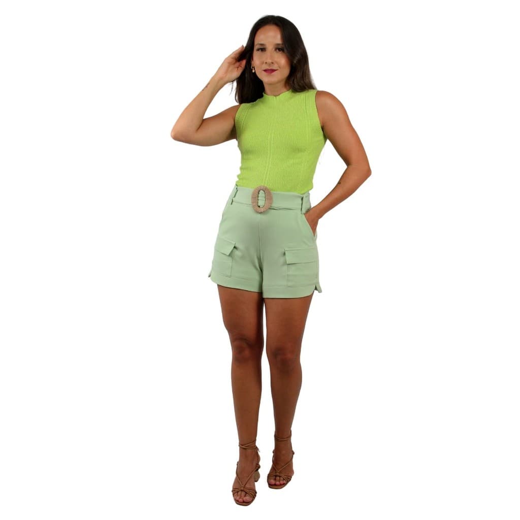 Short Feminino Estiloso Alfaiataria com Cinto de Sisal Curto Tend锚ncia Ver茫o Bolsos Laterais Cintura Alta