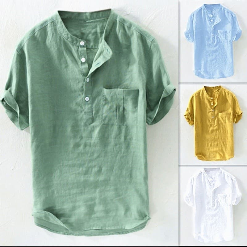 Camisa Masculina De Algodão/Linho Solta/Respirável/Gola Alta/Estilo Fino/Cor Lisa