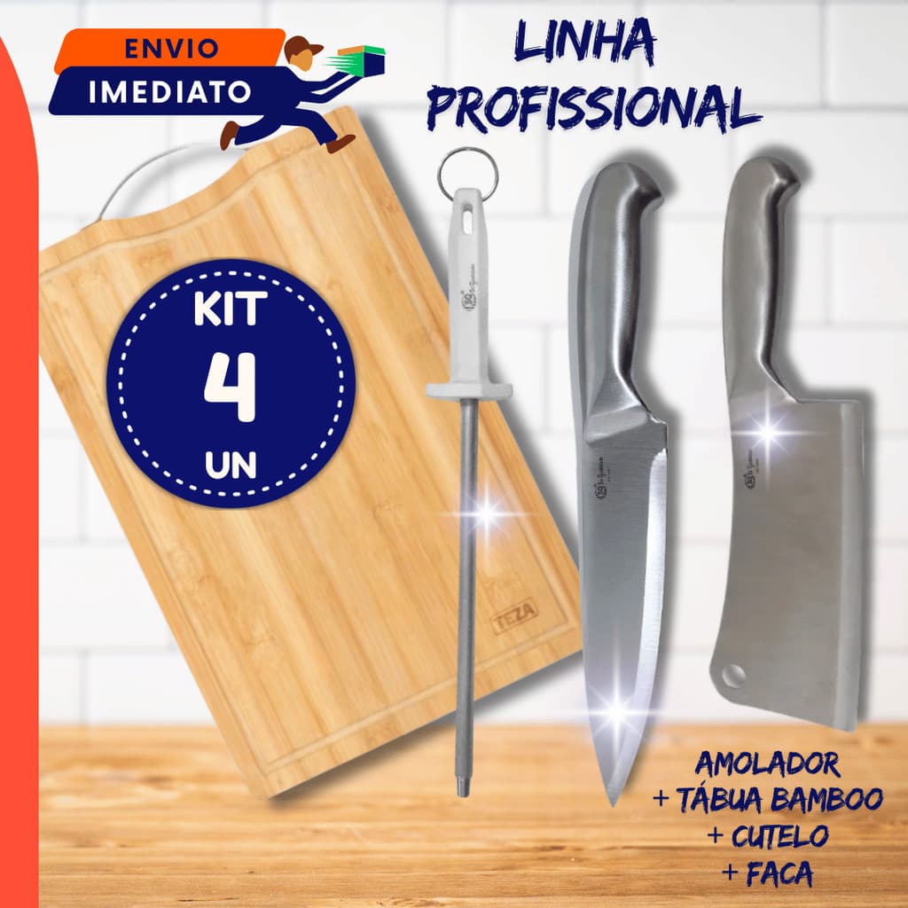 Kit 4 Un Tábua Corte Madeira Bambu com Alça Faca Inox Inteiriça 6" Cutelo Amolador Chaira Legumes Churrasco Corte Carne