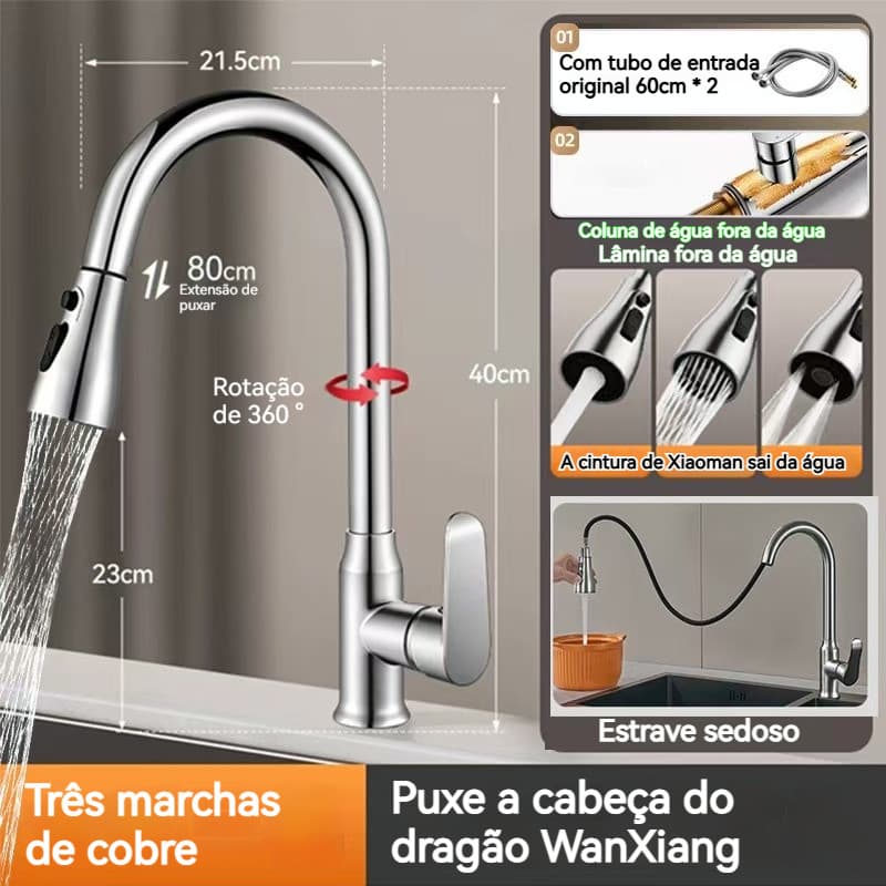 Torneira De Cozinha  Água 4 Jatos Torneira Gourmet Monocomando Com Extensor Ducha Luxo Inox Aço Escovado Pia Cozinha