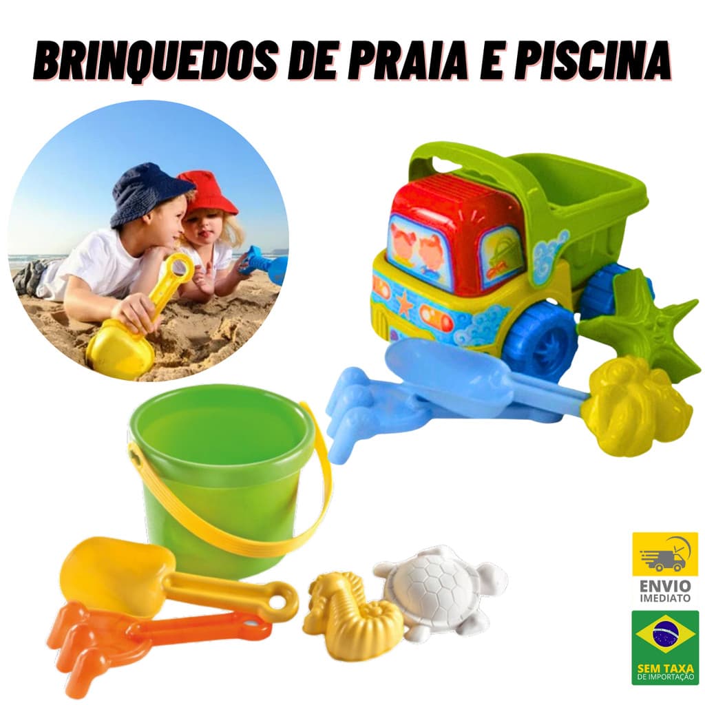 Kit Lúdico e Pedagógico de Brinquedo ds Praia Caminhão Balde e Forminhas para Areia