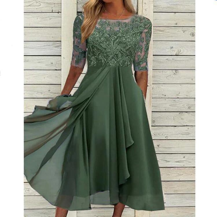 Vestido de chiffon longo de primavera e verão europeu e americano, doce costura de renda, vestido longo oco, damas de ho