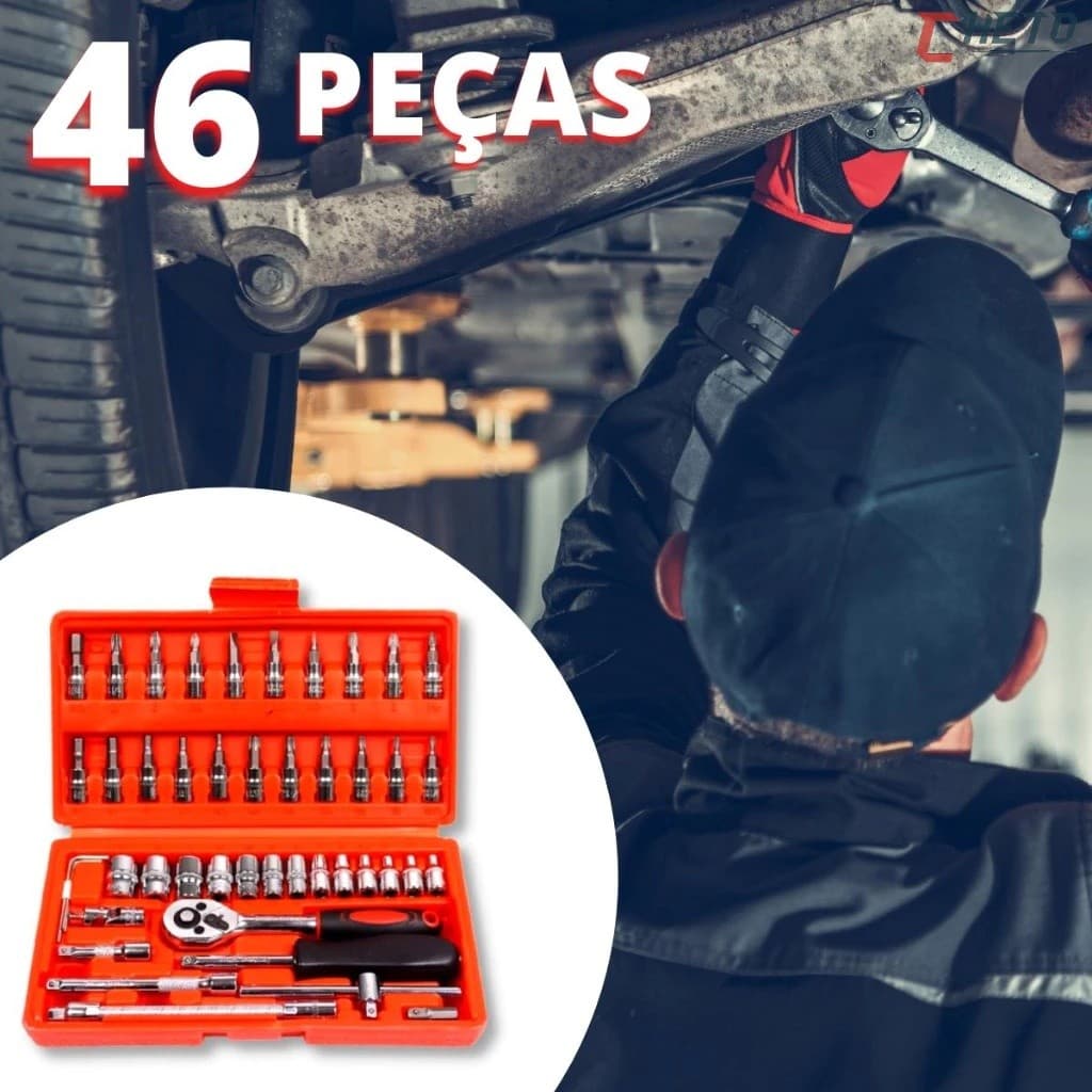 Ferramentas 46 Peças Jogo de Soquetes- Chave Catraca Reversível com Maleta- Jogo de Ferramentas Completo