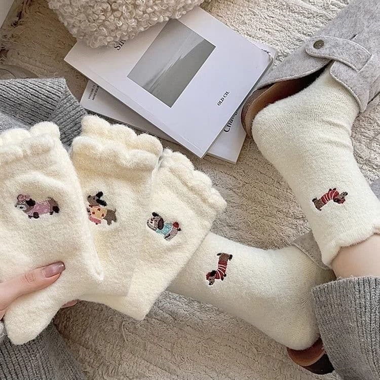 Inverno cor sólida feminino bonito dos desenhos animados forro de lã engrossado quente Mid-Tube japonês outono inverno c