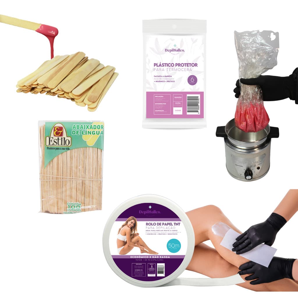 Kit 100 Palito Abaixador de Lingua Depilação + Rolo de Papel TNT para Depilação 50m x 7cm + Pacote 6 Folhas Plástico
