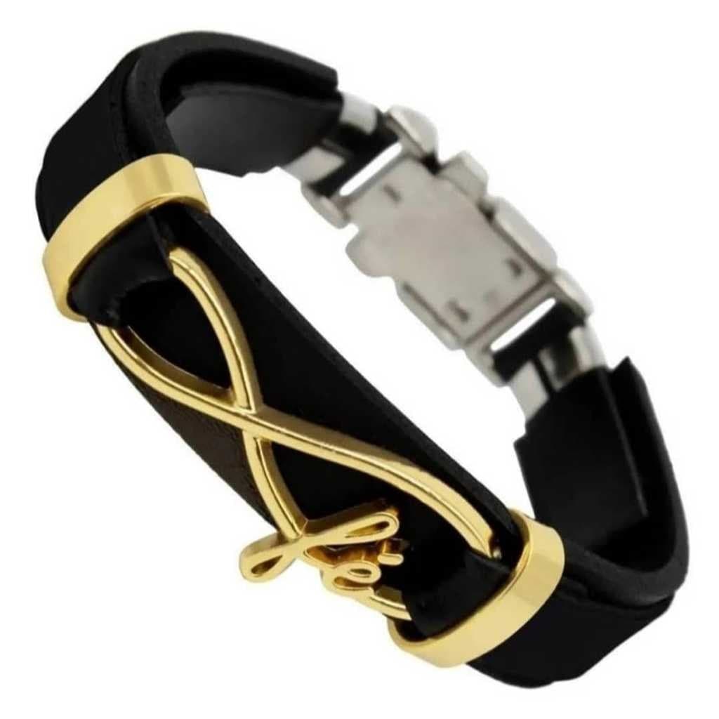 Pulseira Bracelete Ajustável Couro Preta Fé Infinito Dourado
