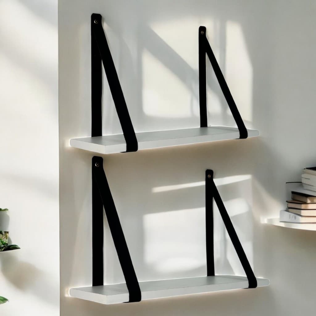 Kit 2 prateleiras branca de MDF para quarto com alça de couro